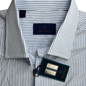 NEW David Donahue 16.5  32-33 Long Sleeve Dress Shirt Blue and White Stripe
